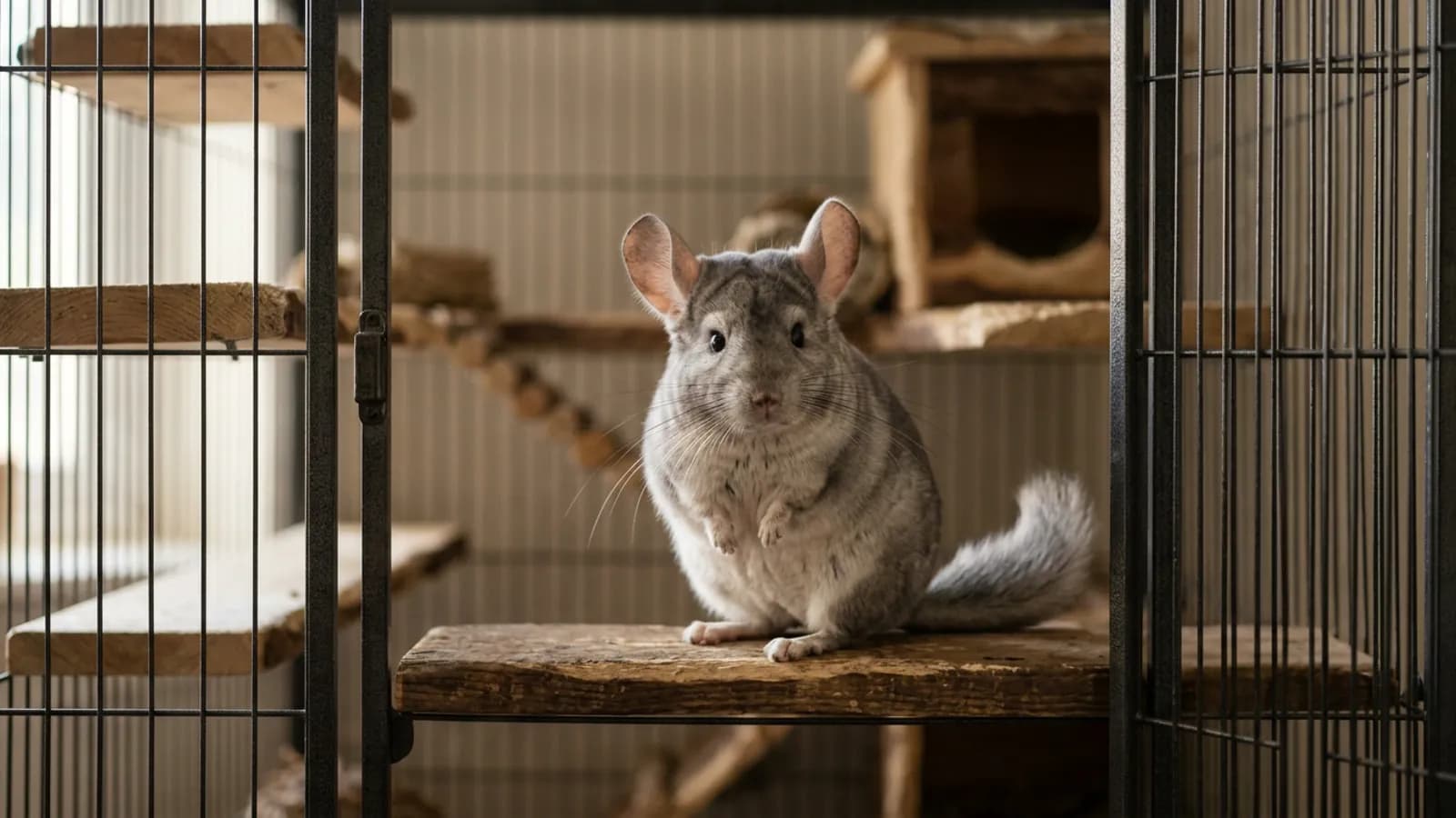 A chinchilla pet sitting upright on a wooden ledge inside its tall metal cage.