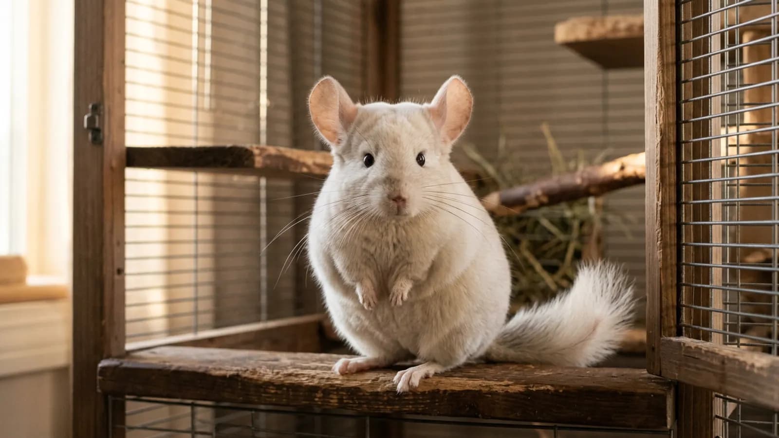 A pale albino-looking white chinchilla sitting upright on a wooden ledge in a tall metal cage