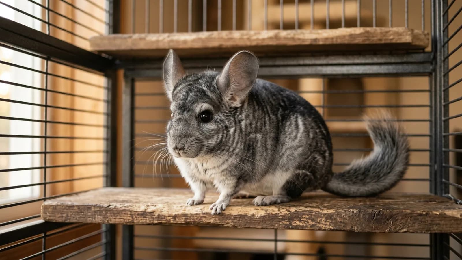 A dense silver-gray chinchilla, the rodent whose coat gave the american chinchilla rabbit its name, sits on a wooden cage ledge.