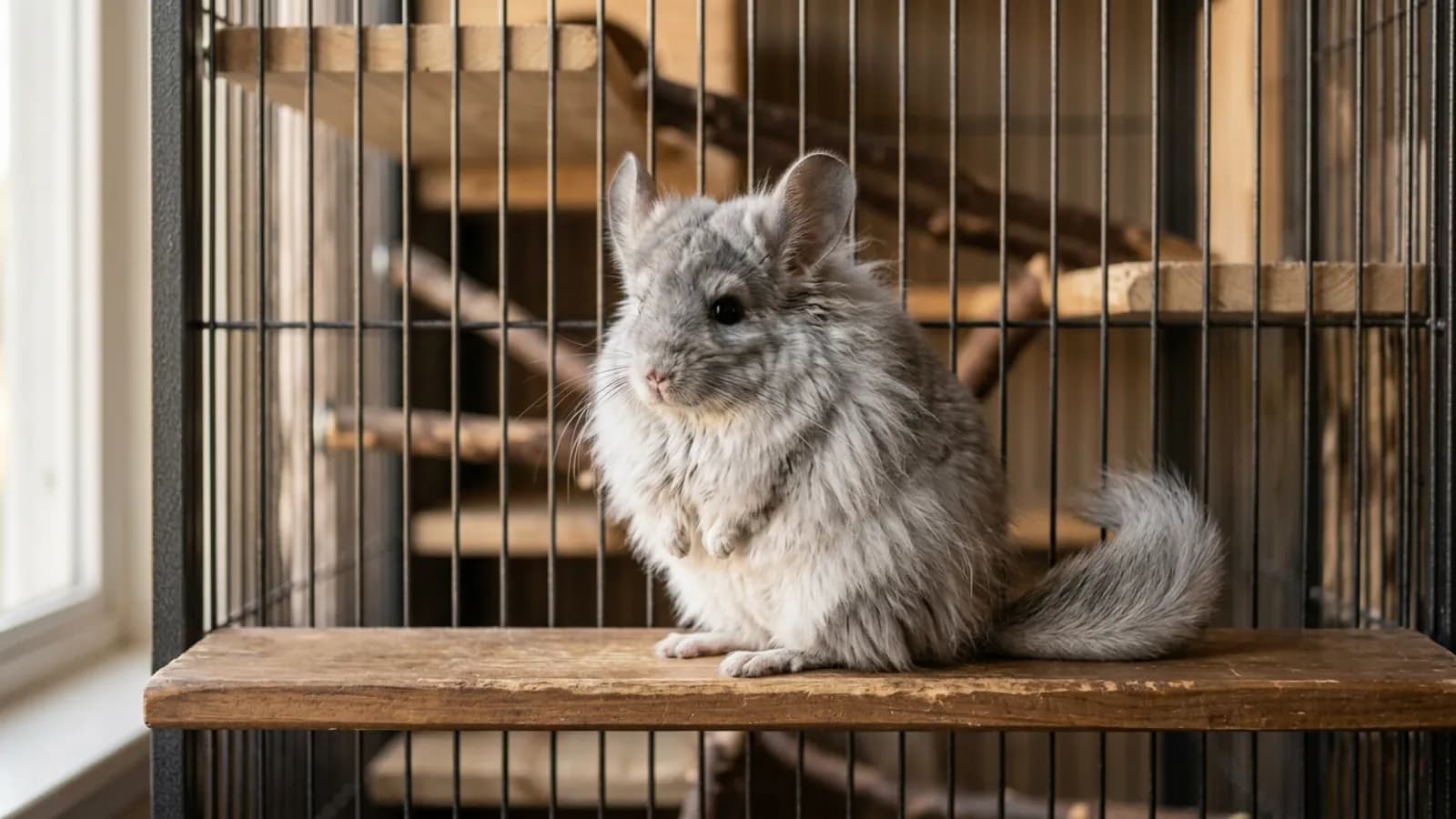 An angora chinchilla with a long silver gray coat sitting on a wooden ledge in a tall metal and wood cage
