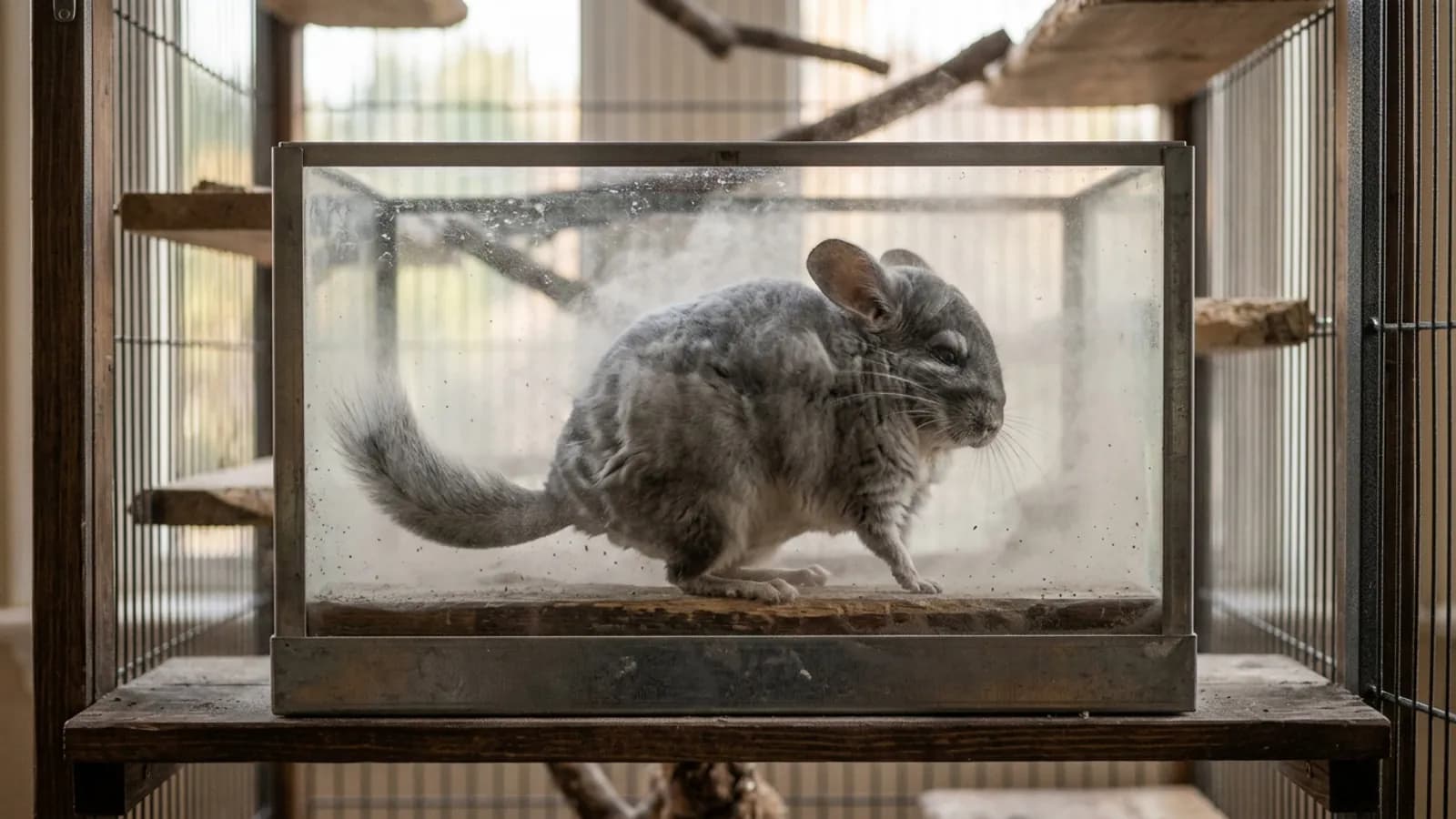 A chinchilla rolling in a cloud of pale bathing dust for chinchillas inside an enclosed metal and glass bath house