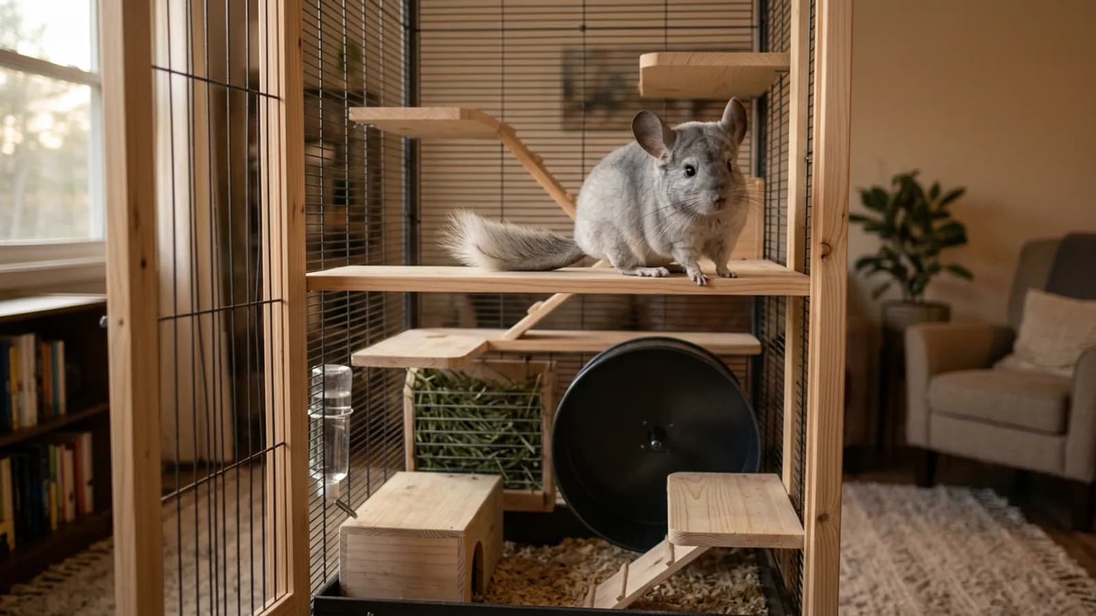 A silver-gray chinchilla on a wooden ledge inside the best chinchilla cage, a tall metal and wood enclosure with a solid wheel