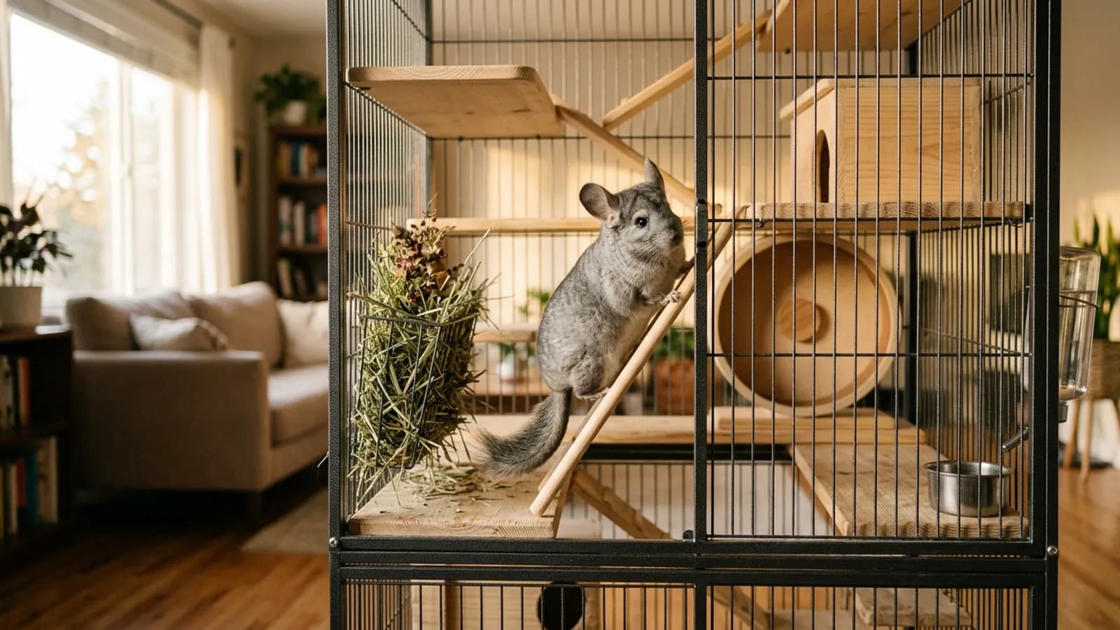 A big chinchilla cage, tall with metal bars and wooden ledges, with a silver-gray chinchilla climbing between levels