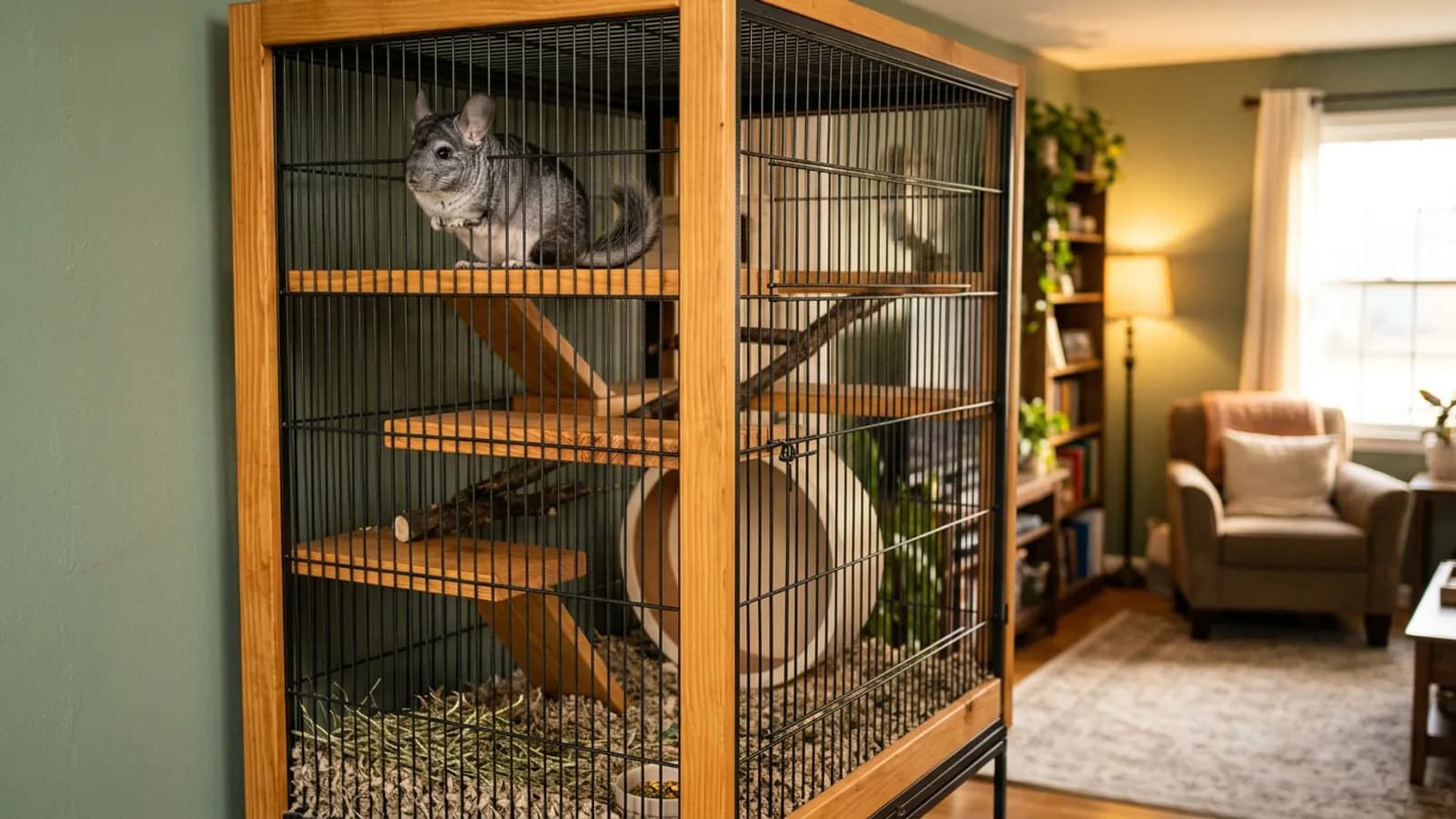The biggest chinchilla cage works best when it is tall and full of staggered wooden ledges for the chinchilla to climb.