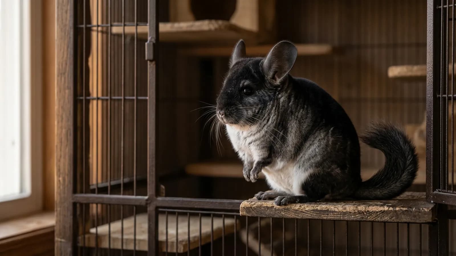 A black chinchilla of the black velvet type sitting on a wooden ledge, dark on top with silver-grey sides and a white belly
