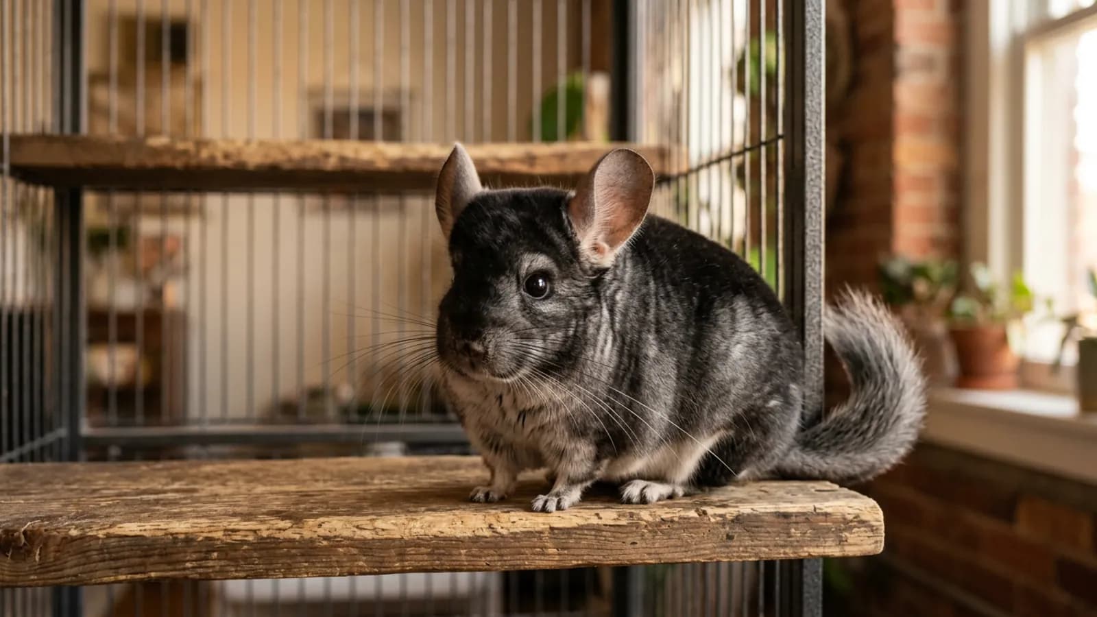 A black pearl chinchilla with a dark glossy coat resting on a wooden ledge in a tall metal cage