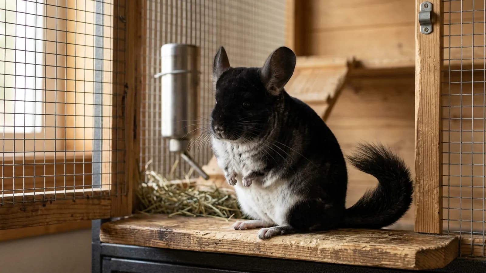 A black velvet chinchilla on a wooden ledge showing its dark veiled back and white belly