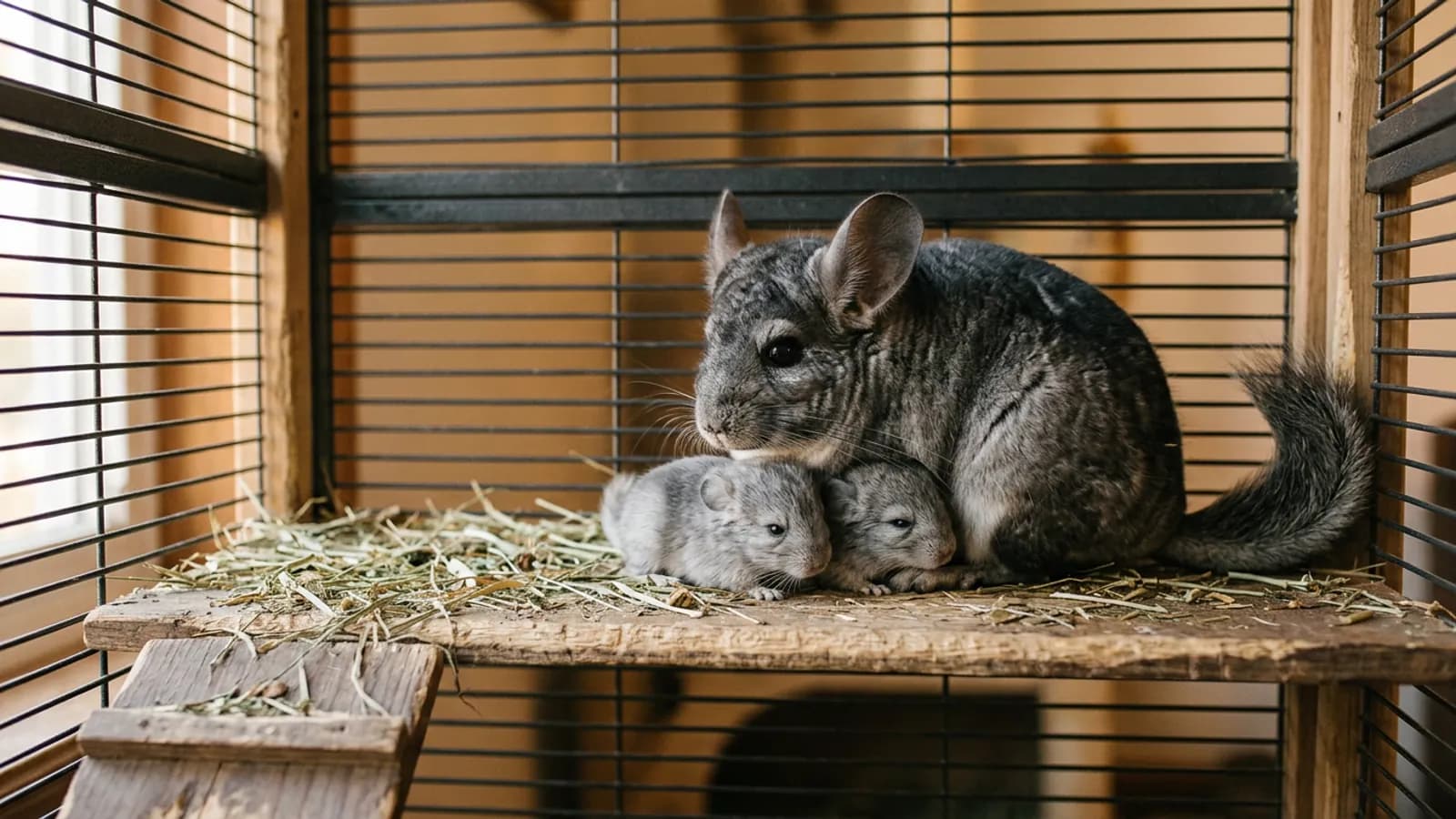 A breeding chinchilla female resting on a wooden ledge with two fully furred newborn kits beside her