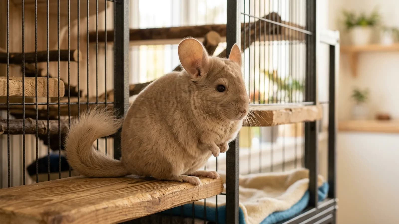 A light brown chinchilla sitting on a wooden ledge, showing its warm beige coat and large rounded ears