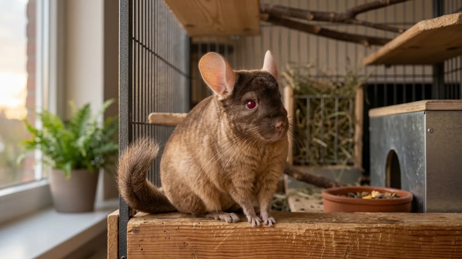 A brown velvet chinchilla with a tan body and darker brown veiling over its head perched on a wooden ledge