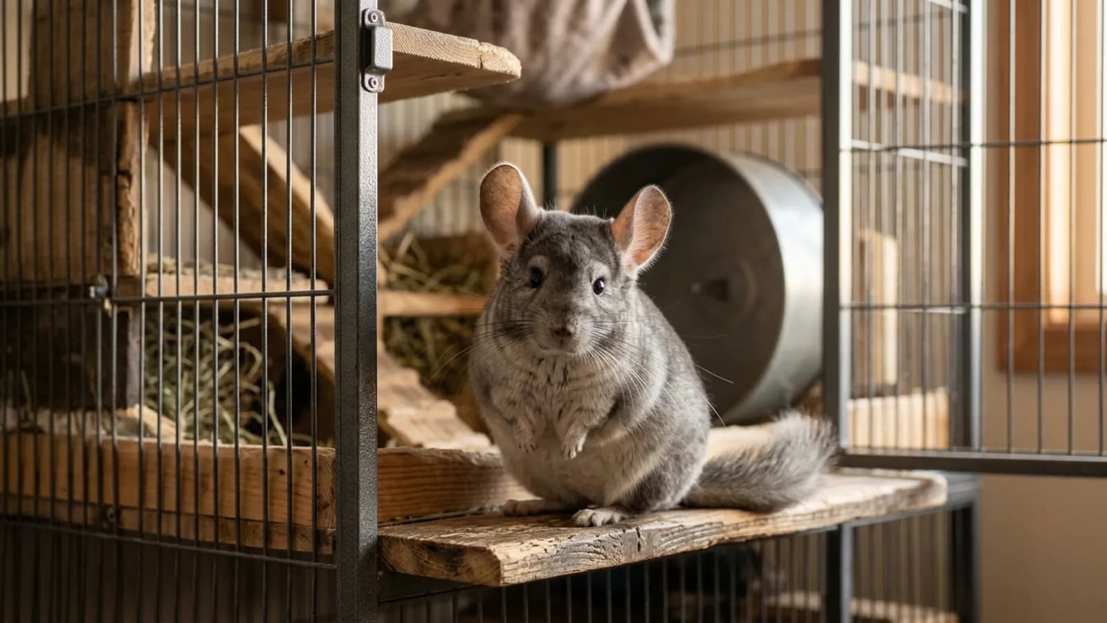 A real bunny chinchilla lookalike, the Andean rodent, sitting upright on a wooden ledge in a tall metal cage