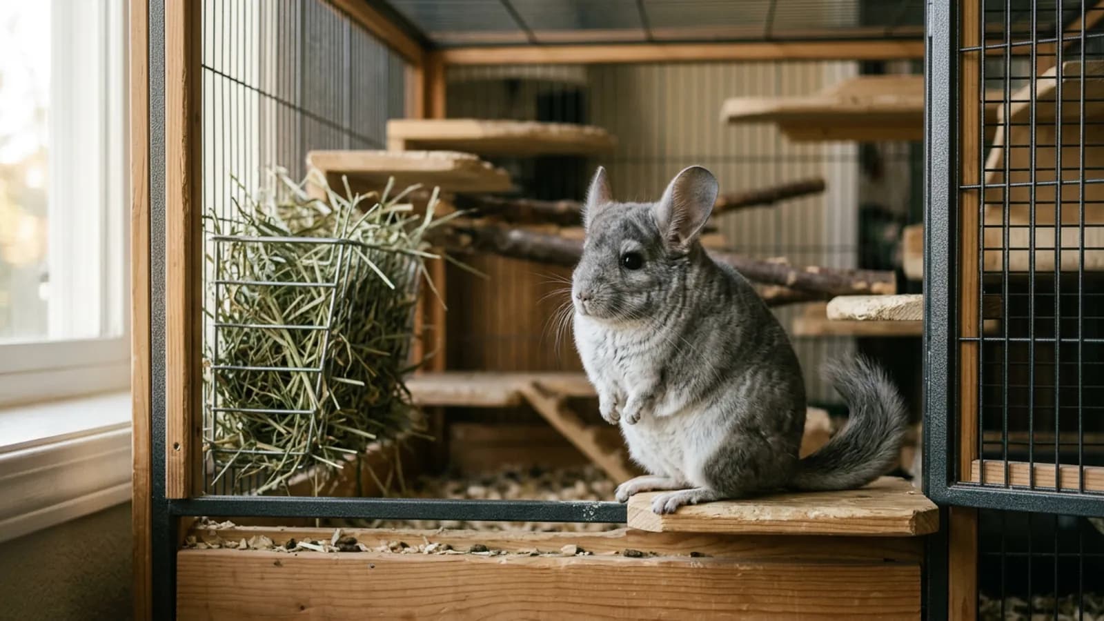 A healthy silver-gray chinchilla to buy a chinchilla shopper would want, sitting alert on a wooden ledge in a tall metal and wood cage