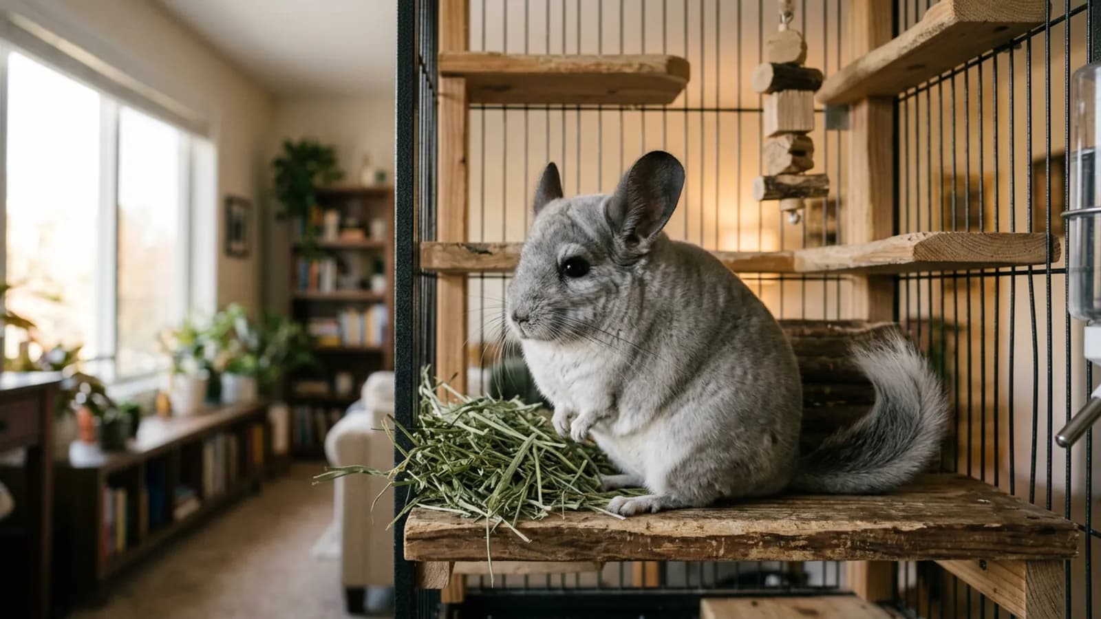 A healthy silver-gray chinchilla on a wooden ledge, the kind of alert animal to look for when you buy a pet chinchilla