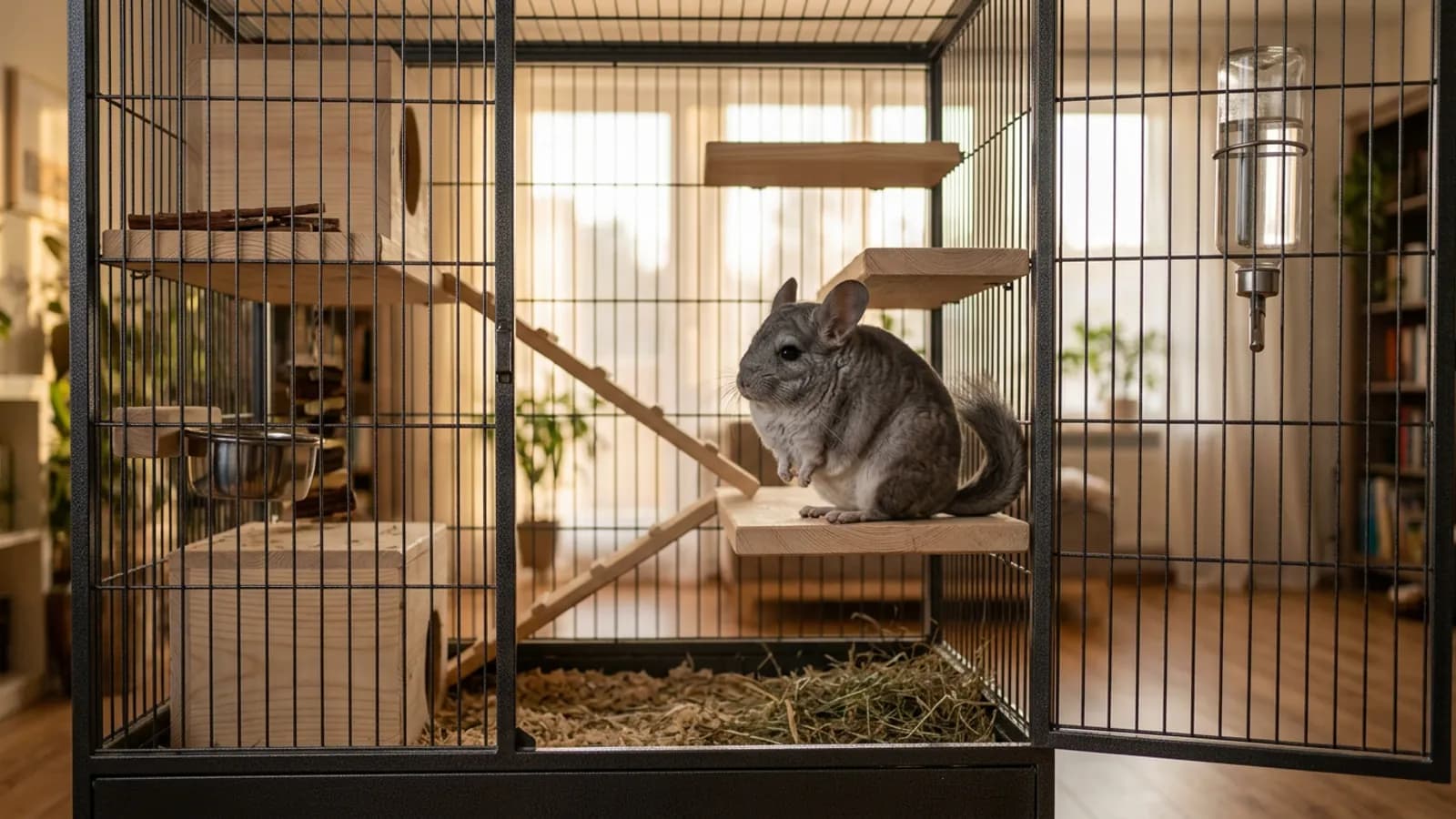 A tall metal and wood cage of the kind to buy for a chinchilla, with a silver-gray chinchilla sitting on a wooden ledge inside