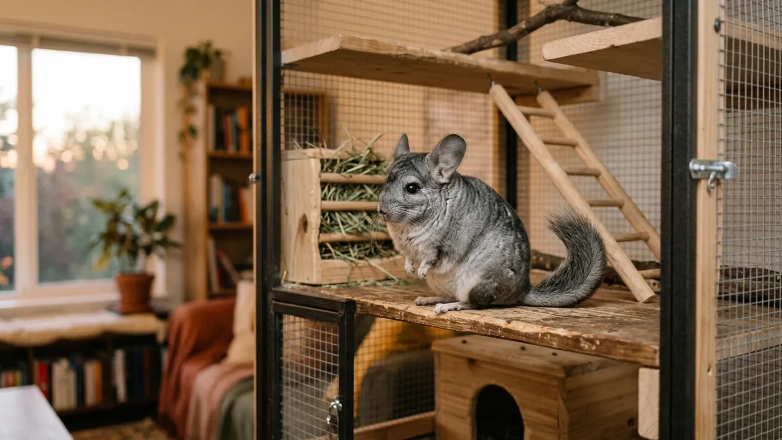 An alert gray chinchilla on a wooden ledge in a tall metal cage, the kind of healthy animal to look for when buying a chinchilla.