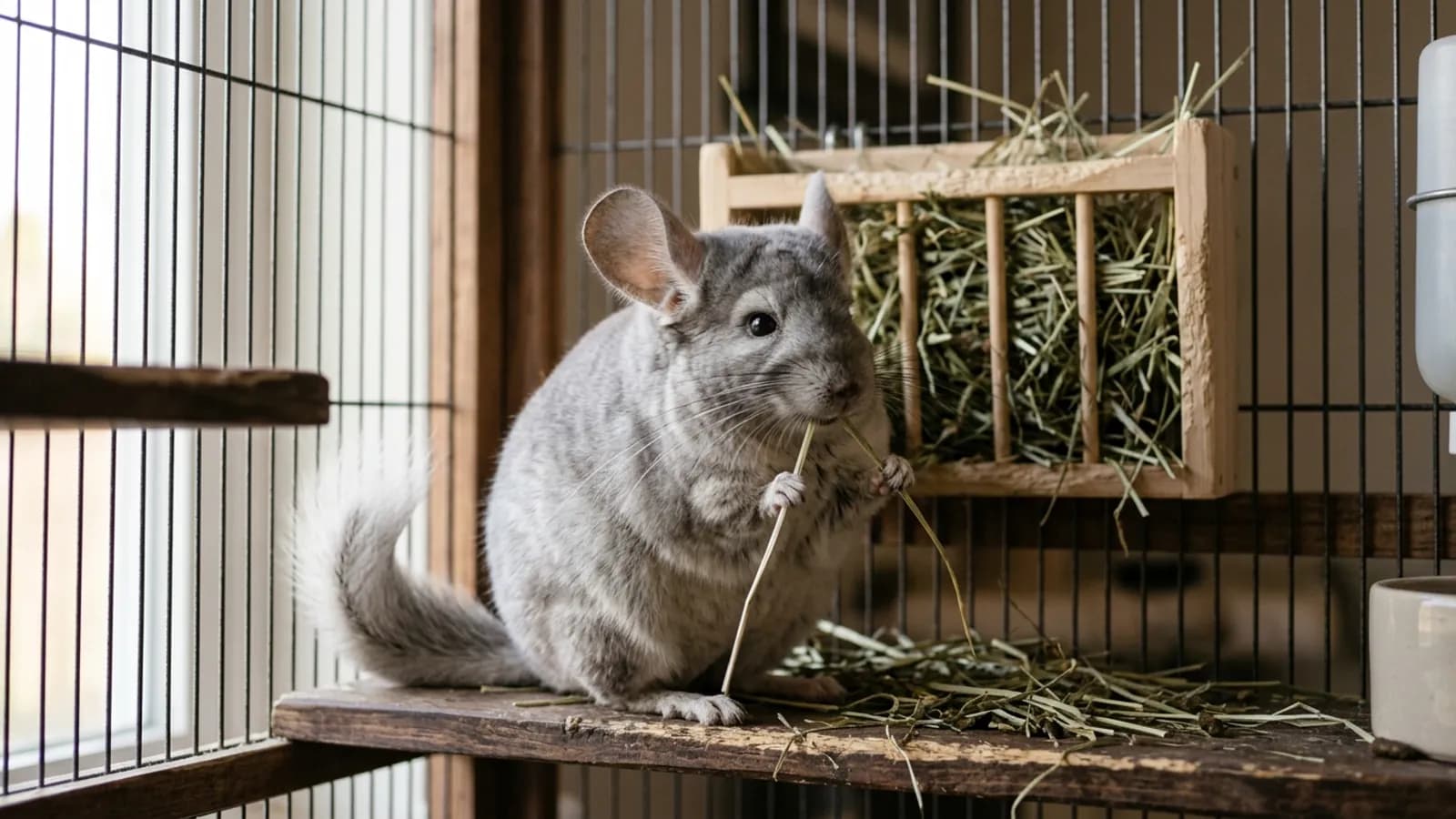 A chinchilla chewing a strand of timothy hay on a wooden ledge, the hay first diet that matters because chinchillas cannot vomit