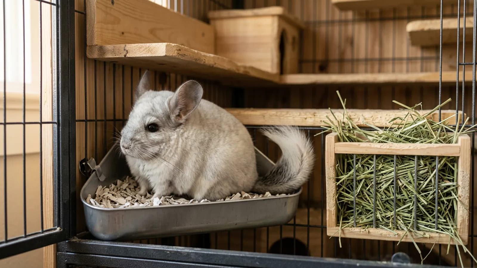 A chinchilla sitting in a metal corner litter pan inside its cage, the setup used to potty train a chinchilla
