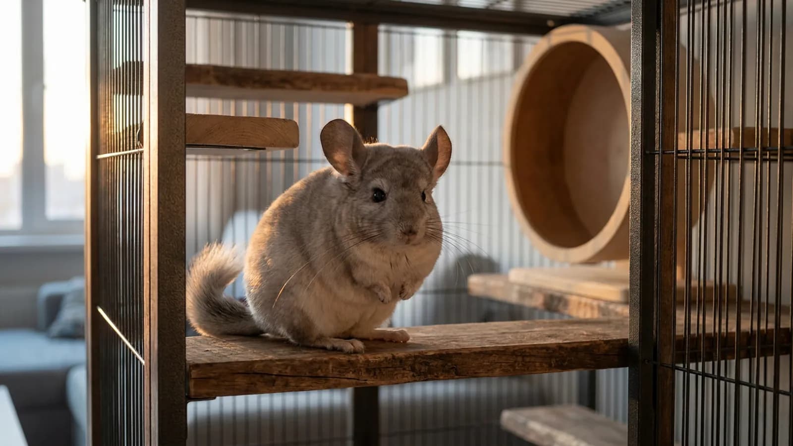 A chinchilla perched on a wooden ledge in a tall metal cage with a solid wooden exercise wheel behind it, the classic look of a healthy pet chinchilla.