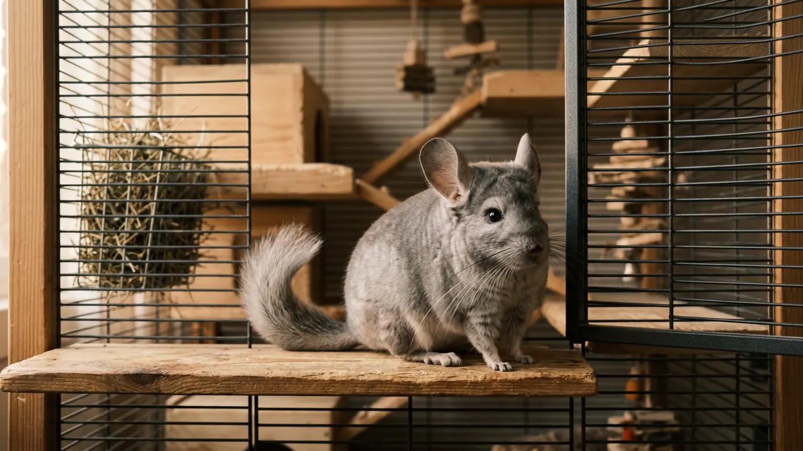 A curious chinchilla on a wooden ledge in its cage, showing why a chinchilla can be a good pet for the right owner