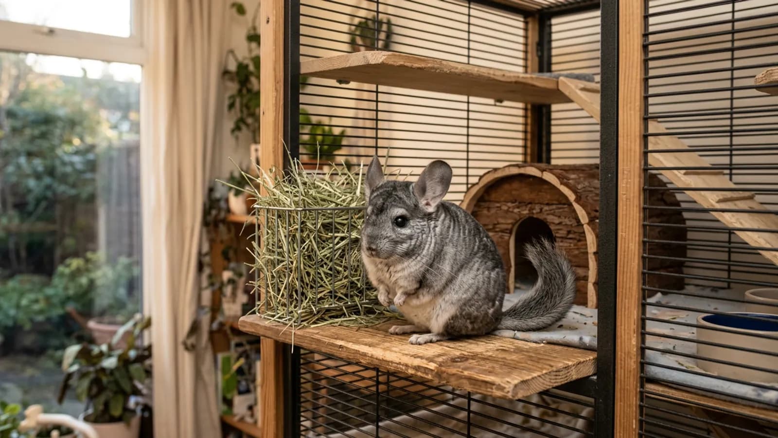 A rescued chinchilla settling onto a wooden ledge in its new cage after a chinchilla adoption