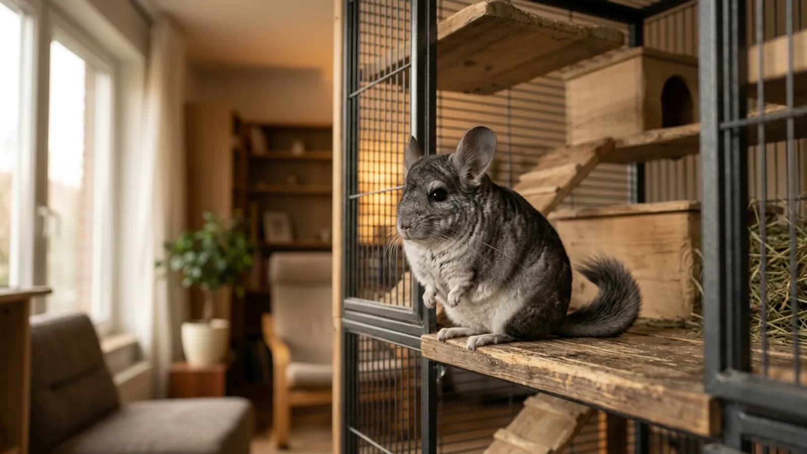 A grown chinchilla resting on a wooden ledge, the kind of animal whose chinchilla age can reach well past ten years