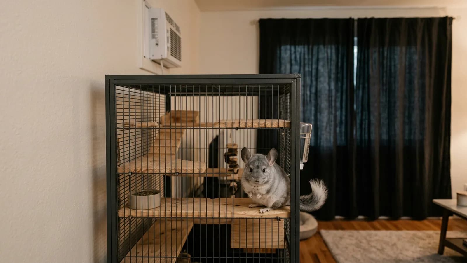 A tall metal and wood chinchilla cage in a room kept cool by a wall mounted chinchilla air conditioning unit