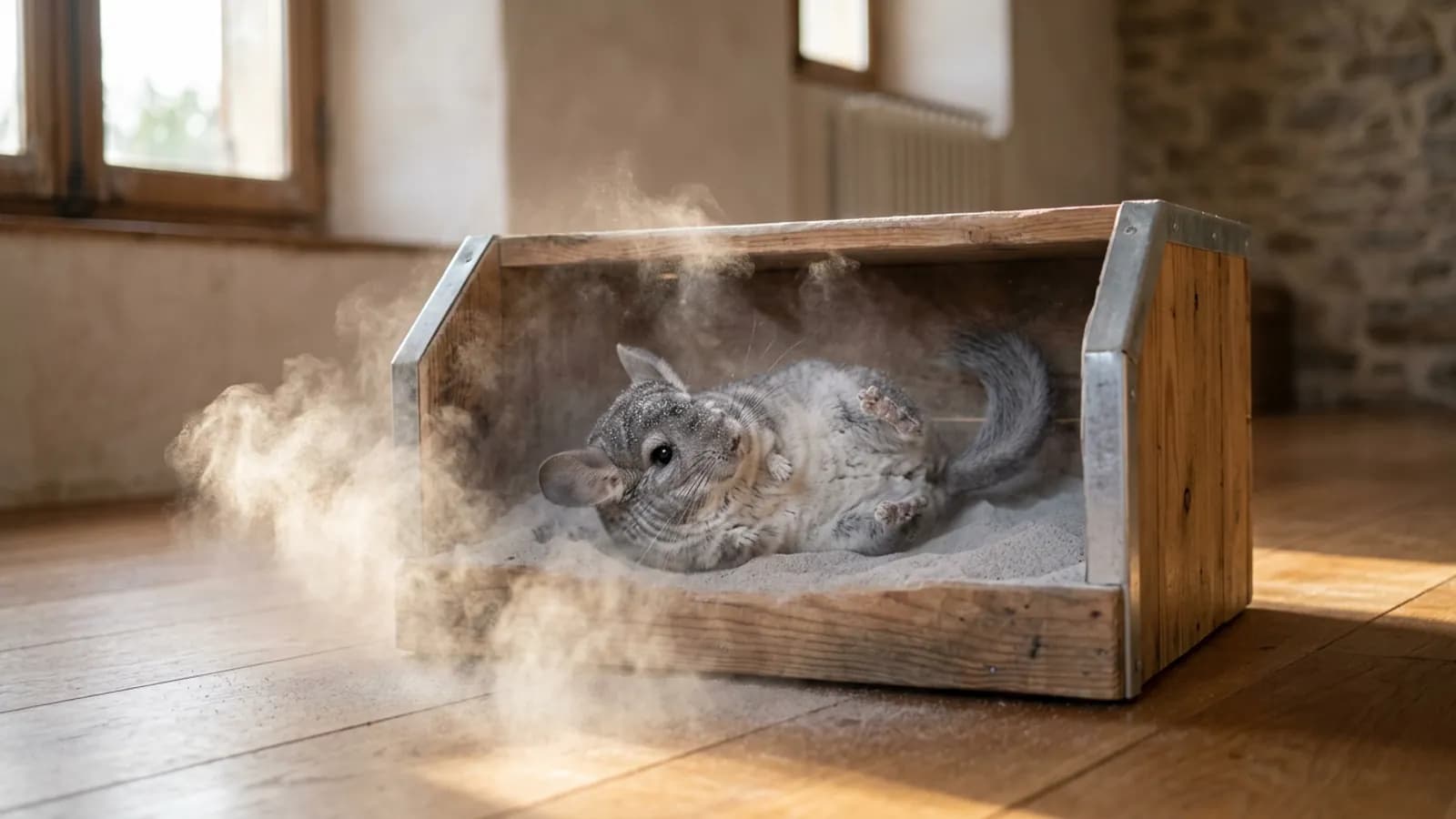 A chinchilla rolling in fine volcanic dust, the airborne cloud behind most chinchilla allergies.