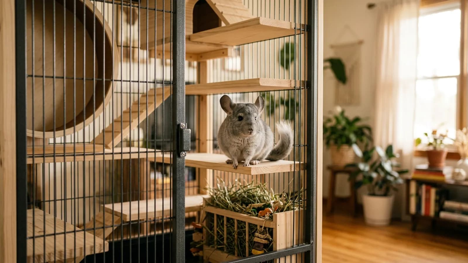 A silver-gray chinchilla sitting on a wooden ledge inside a tall metal and wood chinchilla and cage for sale setup.