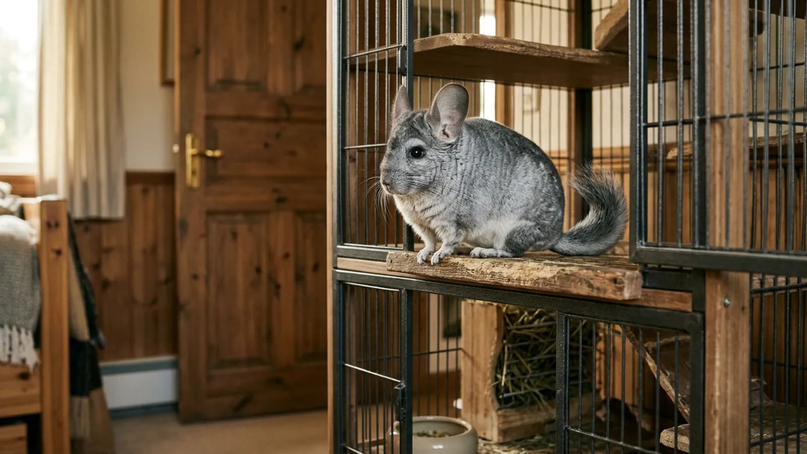 A chinchilla in a tall metal and wood cage kept safely apart in a chinchilla and dog household