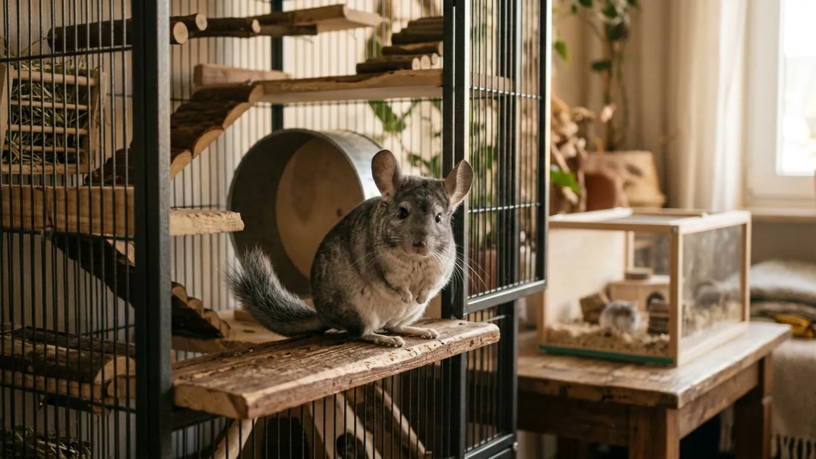 A chinchilla and hamster shown in separate enclosures in the same room, the chinchilla alert on a wooden cage ledge