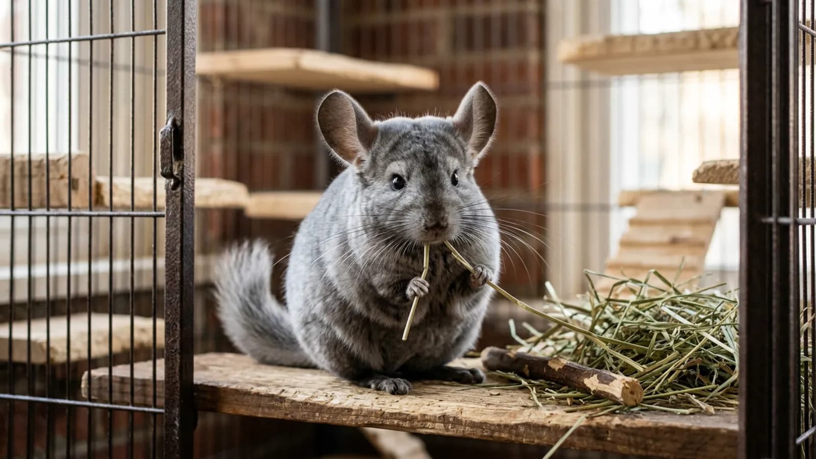 A chinchilla chewing a strand of hay on a wooden ledge, the daily wear that keeps chinchilla anesthesia for teeth filing further away