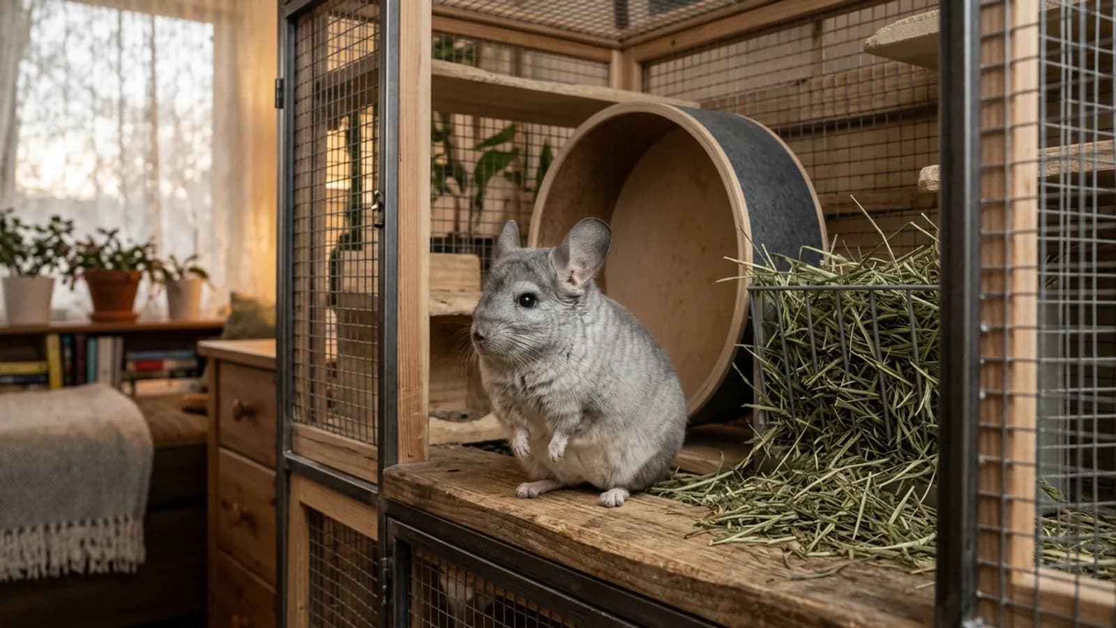 A silver gray chinchilla sitting on a wooden ledge in a tall metal and wood cage, showing what chinchillas as pets need at home