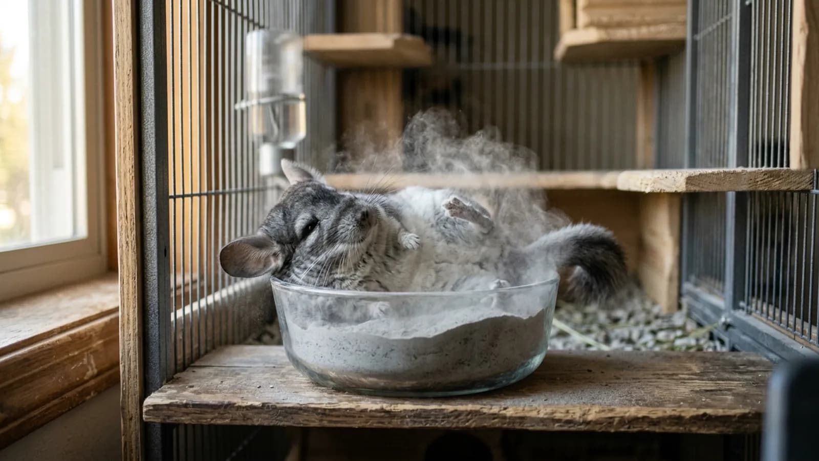 A silver-gray chinchilla rolling on its back in a bowl of fine dust during its chinchilla bath