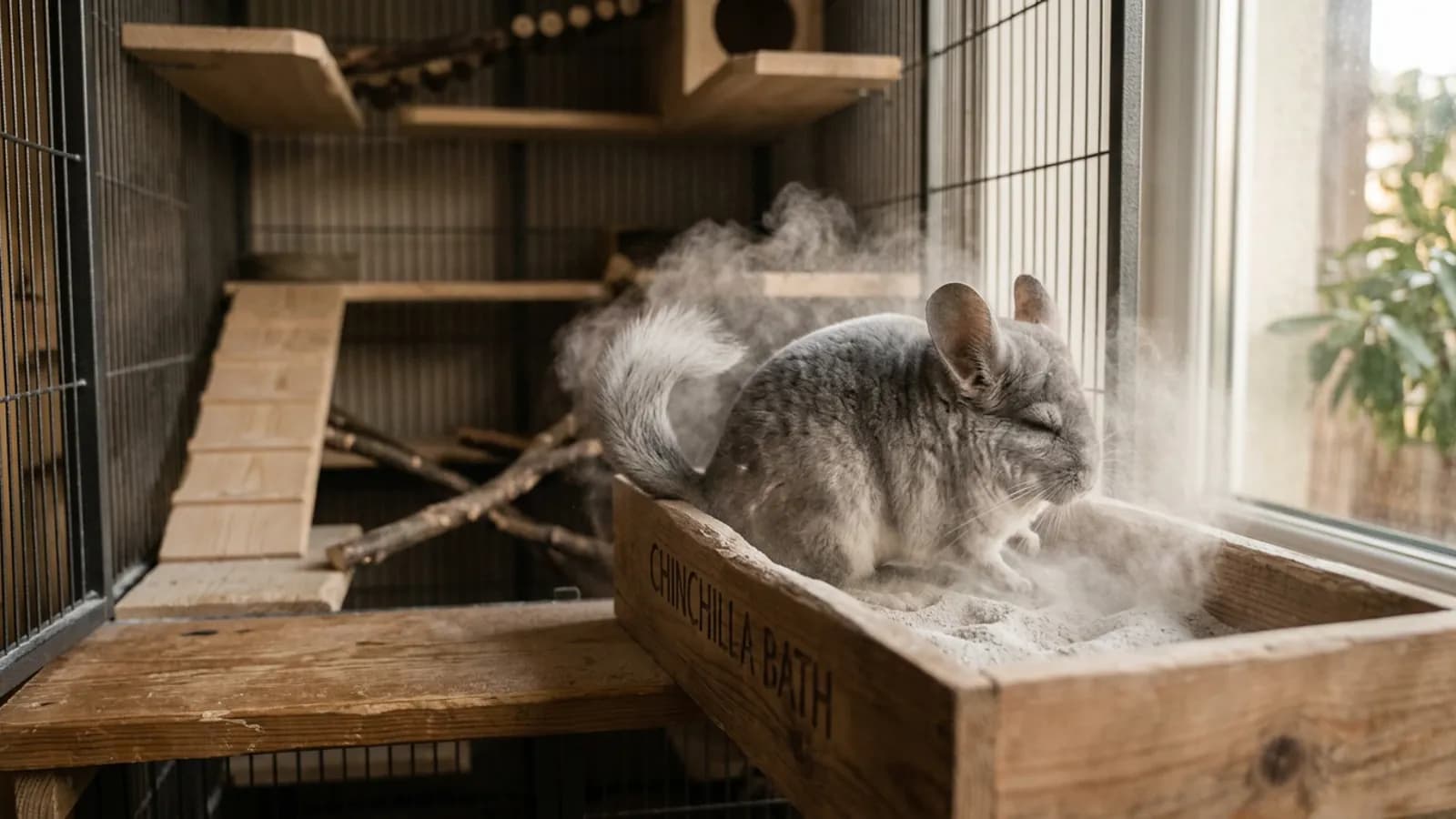 A chinchilla rolling in its dust bath, the grooming ritual that serves as a chinchilla bathroom