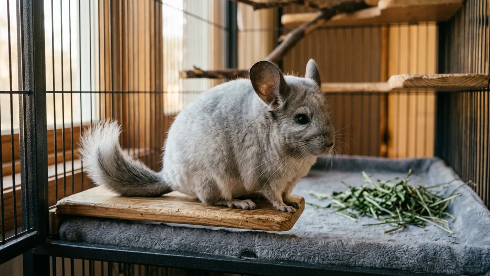 A chinchilla resting on a wooden ledge above its chinchilla bedding, a fleece liner over the solid cage floor.
