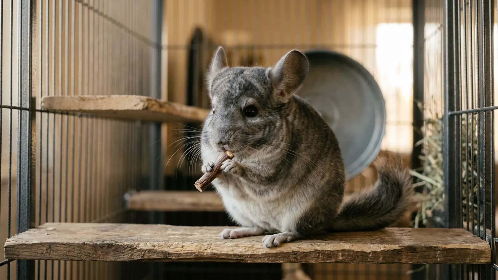 A chinchilla gently chewing apple wood, the calm mouthing that owners often confuse with chinchilla biting