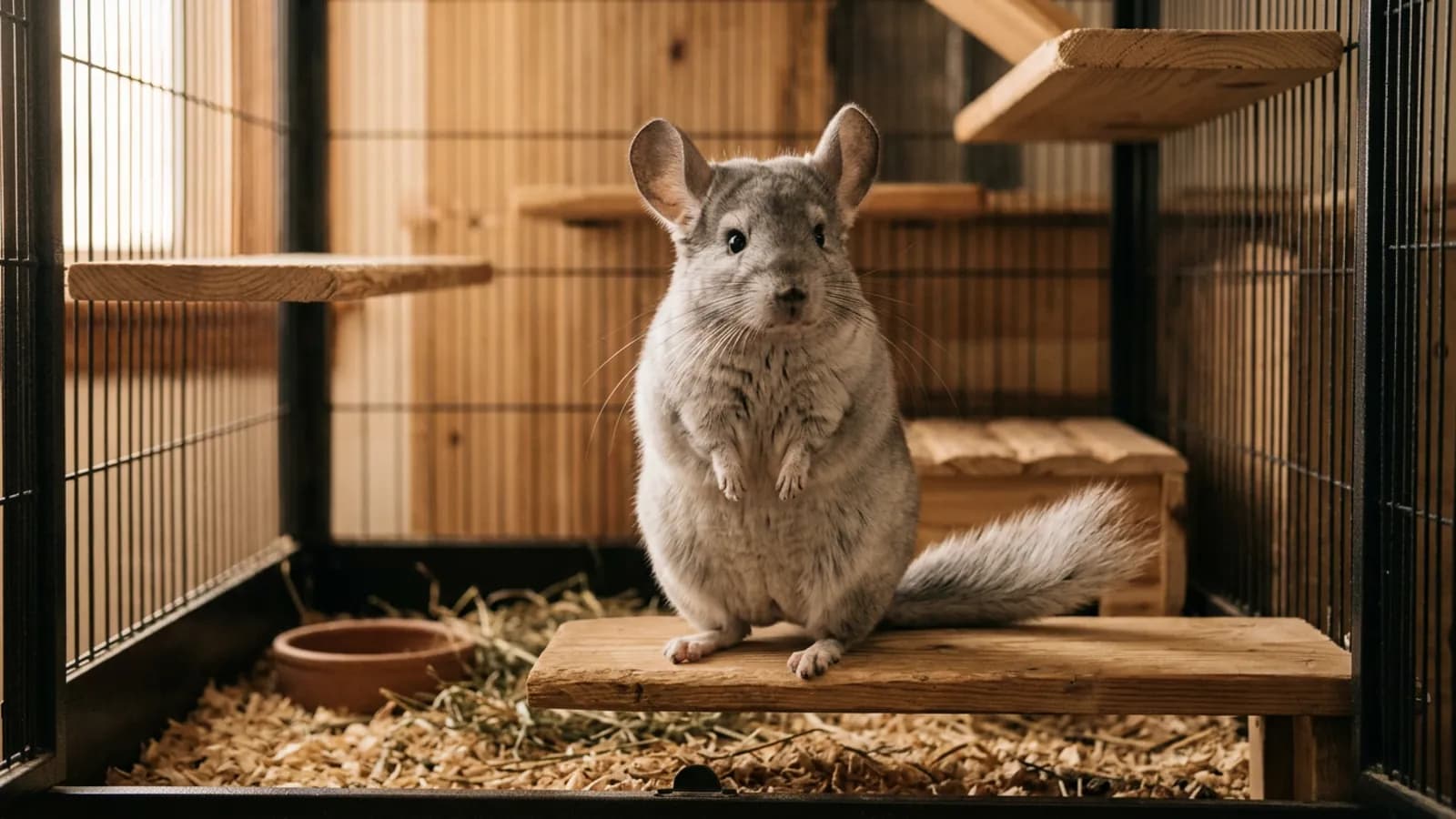 A healthy chinchilla resting on a solid wooden ledge, the flooring that keeps chinchilla bumblefoot from starting.
