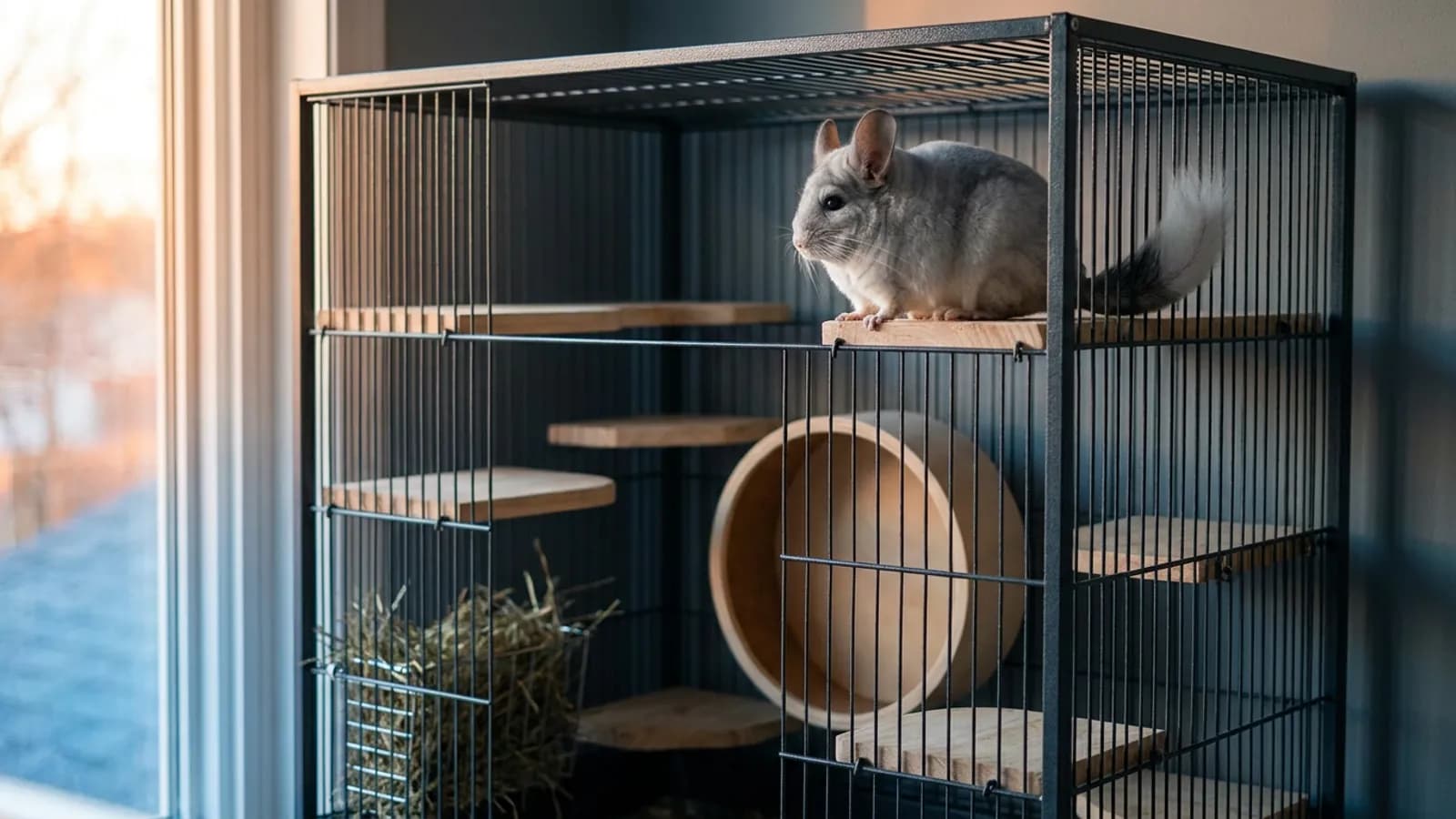 A silver-gray chinchilla perched on a wooden ledge inside a tall metal chinchilla cage