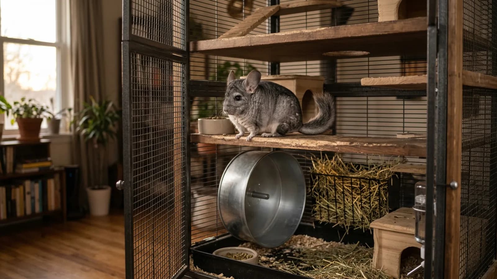 A tall metal and wood chinchilla cage setup with a silver-gray chinchilla on a wooden ledge