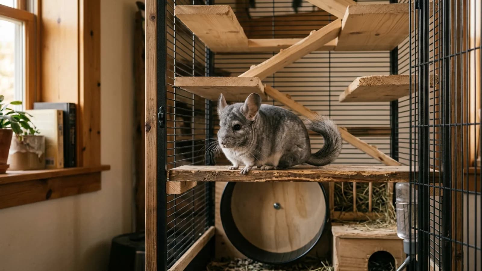 A chinchilla in a tall metal and wood enclosure showing why a chinchilla cage small enough for a corner still needs height