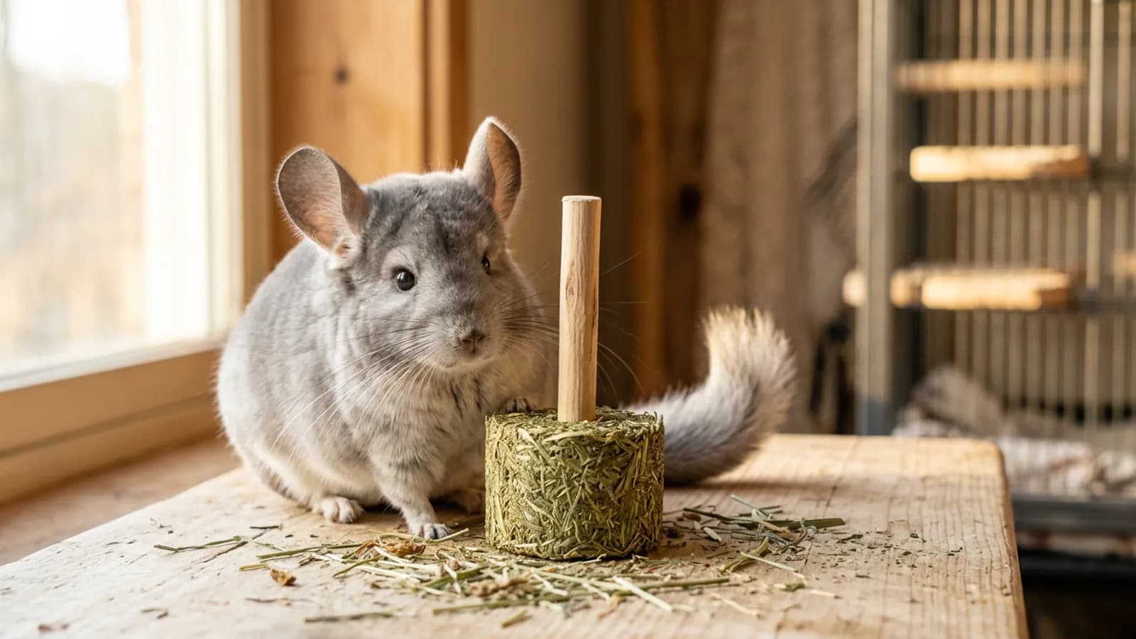 A chinchilla next to a birthday cake made of pressed hay, the safe kind of chinchilla cakes