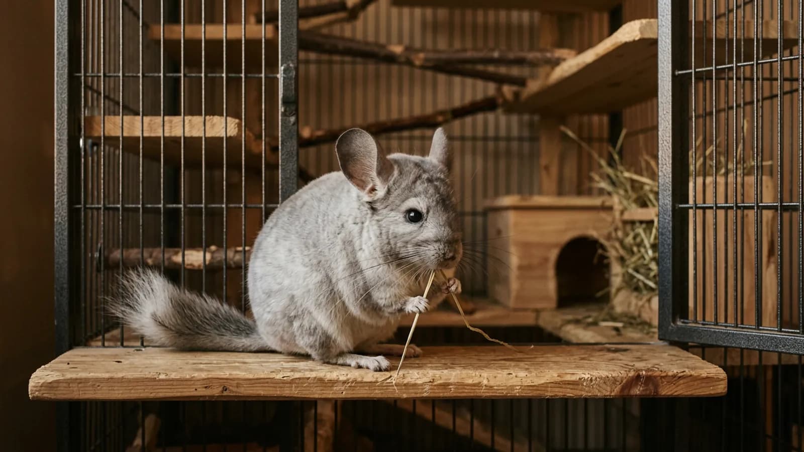 A silver-gray chinchilla nibbling hay on a wooden ledge, the picture of everyday chinchilla care