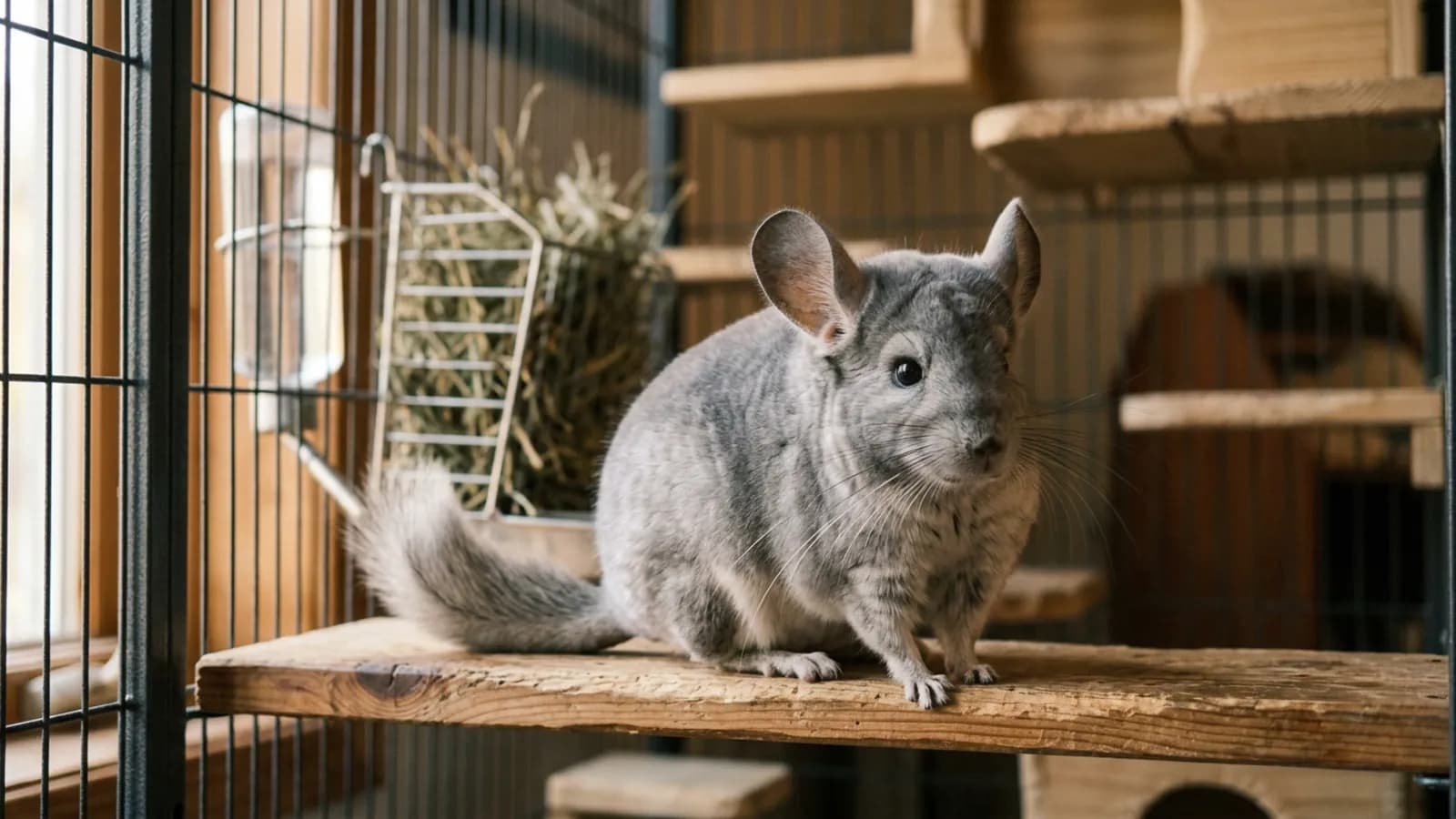A silver gray chinchilla on a wooden ledge in a tall metal cage, the setup at the heart of any chinchilla care guide.