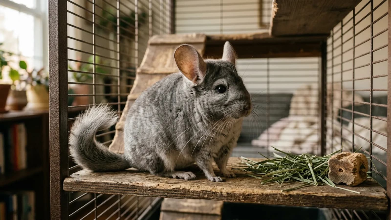 A pet chinchilla sits alert in its metal cage, the rodent whose tipped fur gave chinchilla cats their coat name.