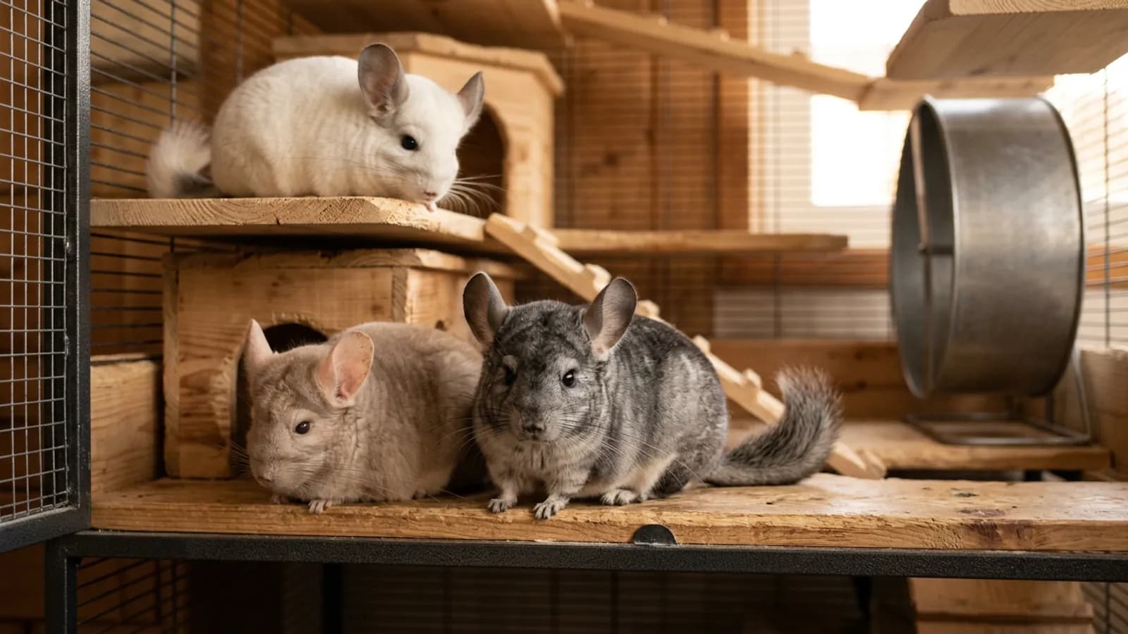Chinchillas showing several different chinchilla colors sitting together on wooden ledges in a tall metal cage.