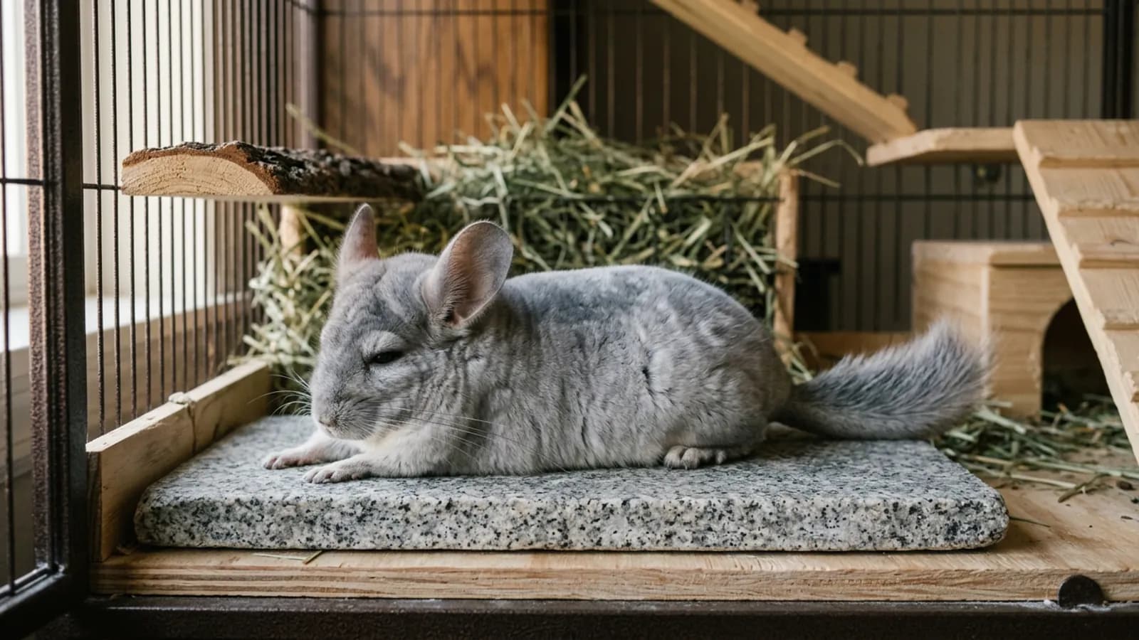 A chinchilla lying flat and stretched out on a granite chinchilla cooling stone on the floor of its cage