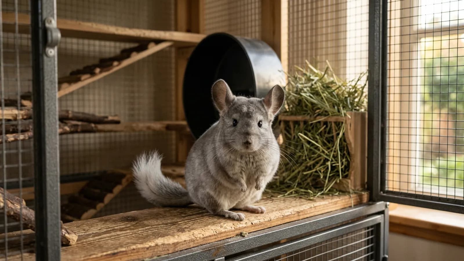 A silver-gray chinchilla in its tall metal-and-wood cage, illustrating the full chinchilla cost of animal plus setup