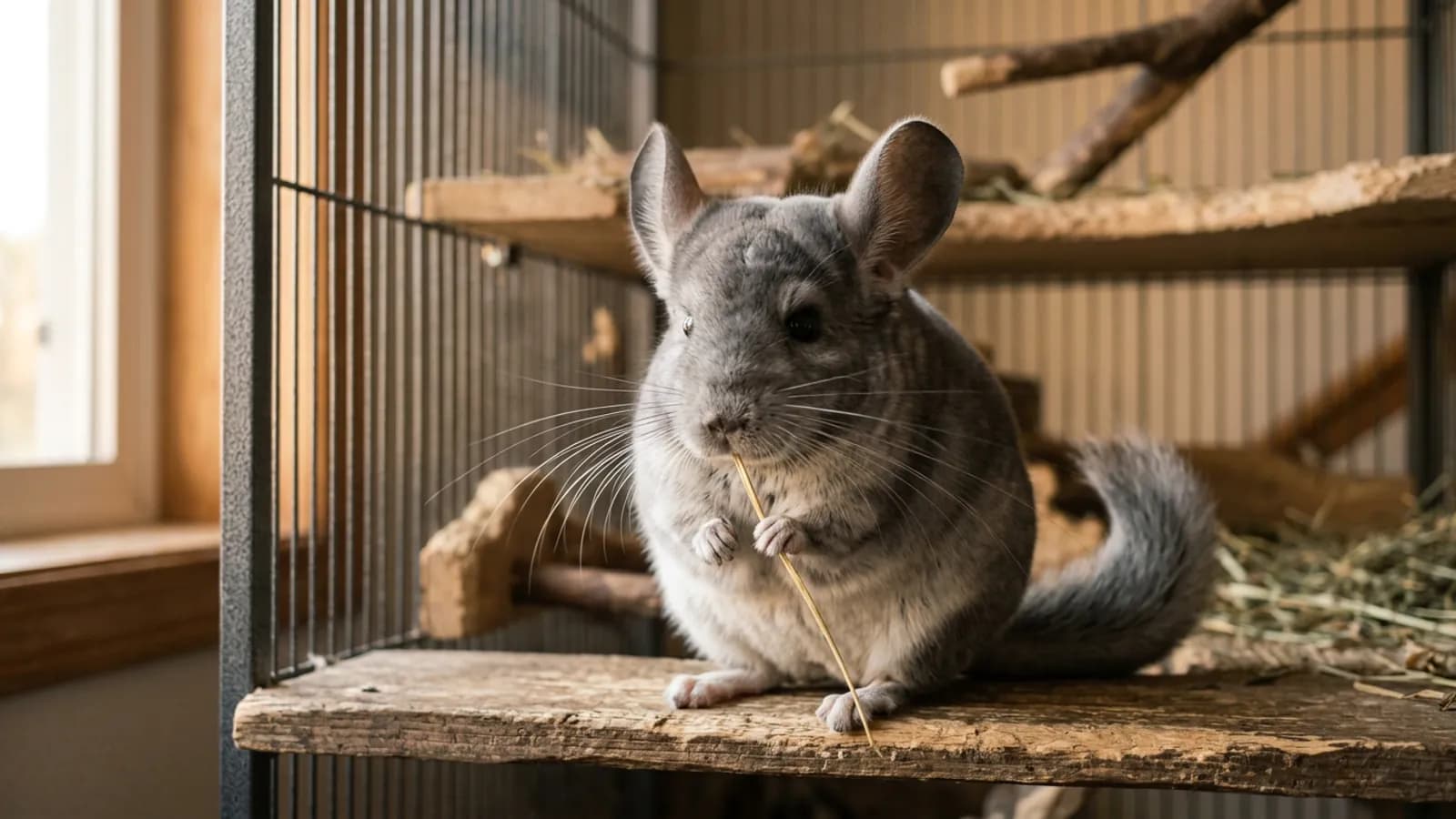 A cute chinchilla sitting up on a wooden ledge holding a strand of hay in its tiny front paws