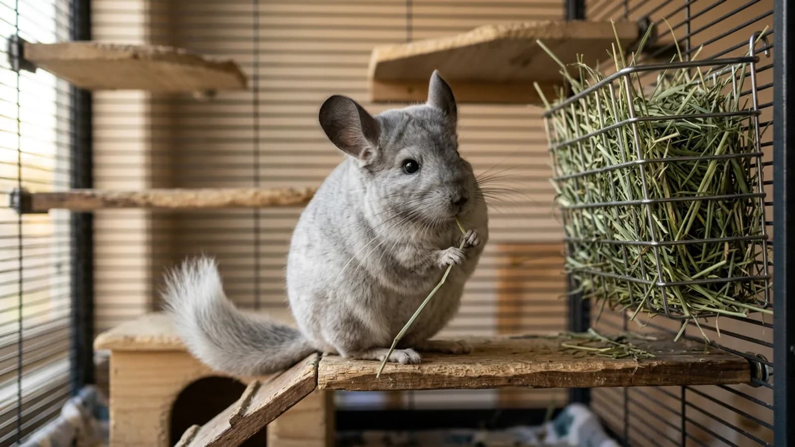 A silver-gray chinchilla nibbling timothy hay, the foundation of a healthy chinchilla diet.