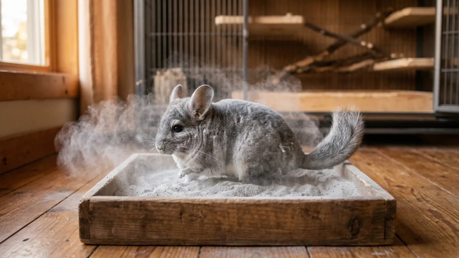 A silver-gray chinchilla rolling on its back in pale volcanic dust during a chinchilla dirt bath